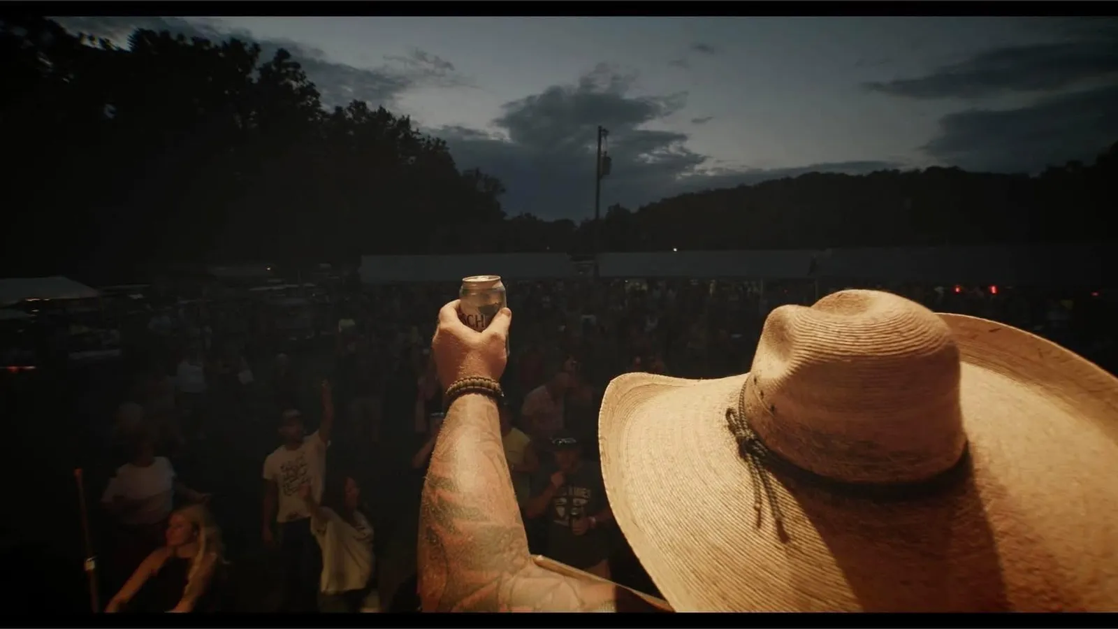 A festival-goer raises a drink over the crowd at dusk during a live set