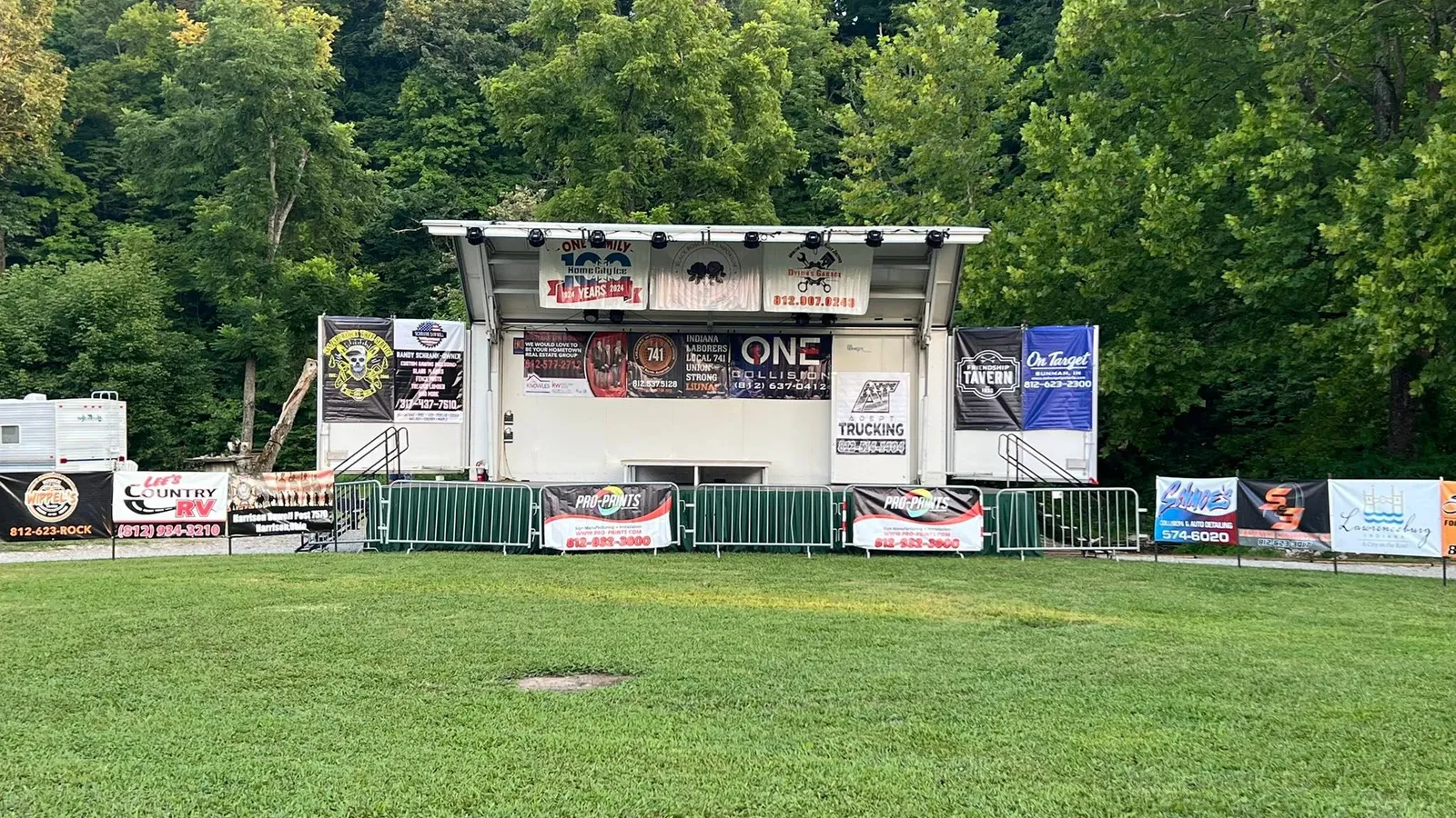The main stage decorated with sponsor banners before the show